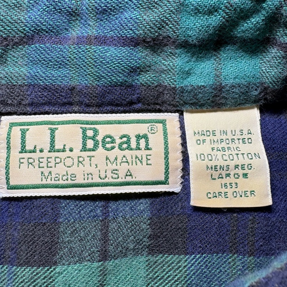 LL Bean Flannel Shirt Mens Large Green Navy Blue Plaid Cotton Made in USA 1653 - Picture 2 of 6